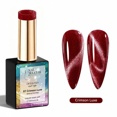 Crimson Luxe HEMA- and TPO-free Diamond Cat Eye Gel Polish with two red magnetic nail swatches – Nail Success Australia