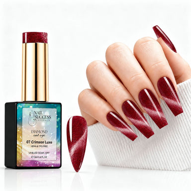 Crimson Luxe HEMA- and TPO-free Diamond Cat Eye Gel Polish with matching red magnetic manicure and nail swatch – Nail Success Australia