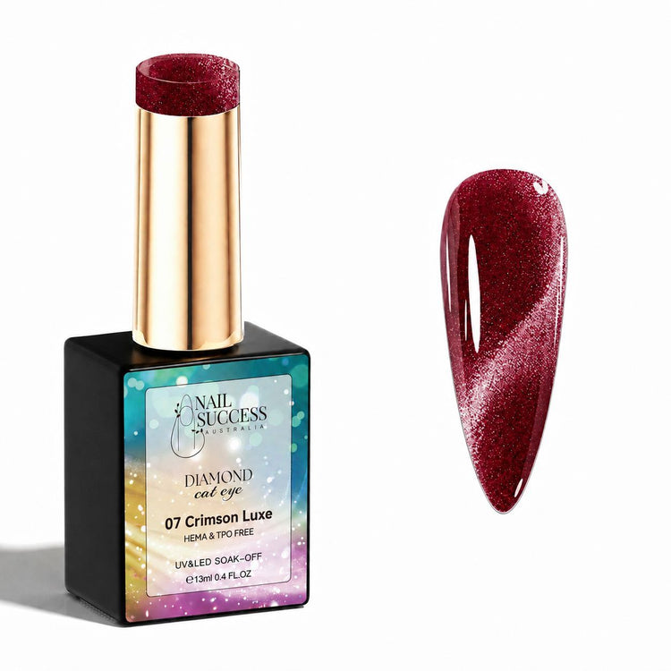 Crimson Luxe HEMA- and TPO-free Diamond Cat Eye Gel Polish with matching red magnetic nail swatch – Nail Success Australia