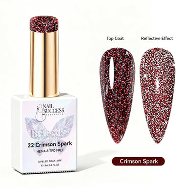 Nail Success Australia Crimson Spark reflective glitter gel polish with top coat and reflective effect swatches