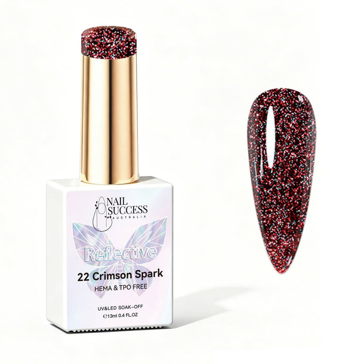 Nail Success Australia Crimson Spark reflective glitter gel polish bottle with glossy nail colour swatch