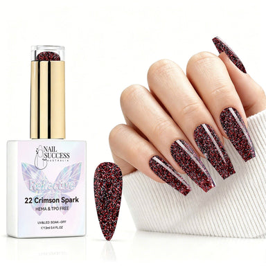 Crimson Spark reflective gel polish with red glitter swatch and matching manicure for HEMA and TPO free salon nails