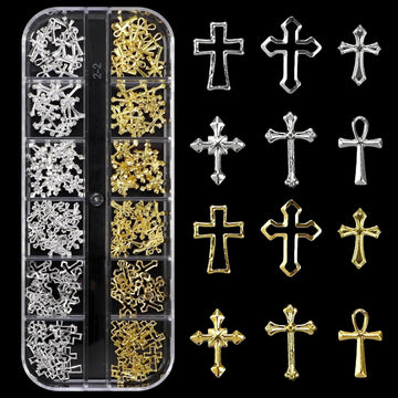 Gold and silver cross nail charms tray for 3D religious nail art decorations and salon manicure designs