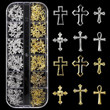 Gold and silver cross nail charms tray for 3D religious nail art decorations and salon manicure designs
