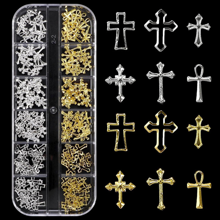 Gold and silver cross nail charms tray for 3D religious nail art decorations and salon manicure designs