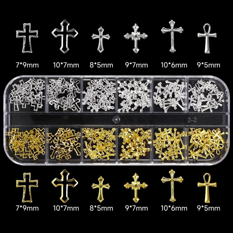 Gold and silver cross nail charms tray with assorted sizes for 3D nail art decorations and salon manicure designs