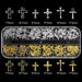Gold and silver cross nail charms tray with assorted sizes for 3D nail art decorations and salon manicure designs