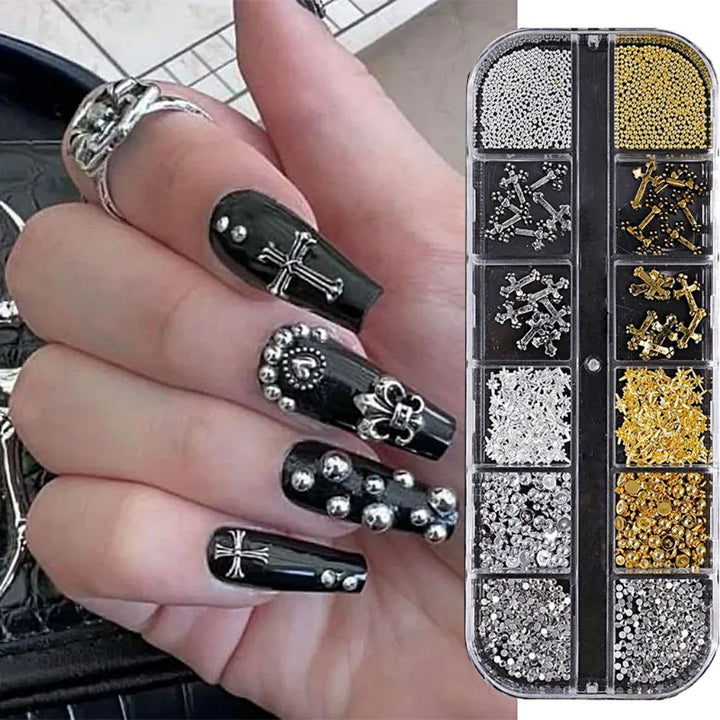 Nail art rivet and bead tray — silver and gold studs, crosses and metal charms for 3D nail designs