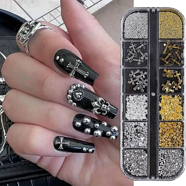Nail art rivet and bead tray — silver and gold studs, crosses and metal charms for 3D nail designs