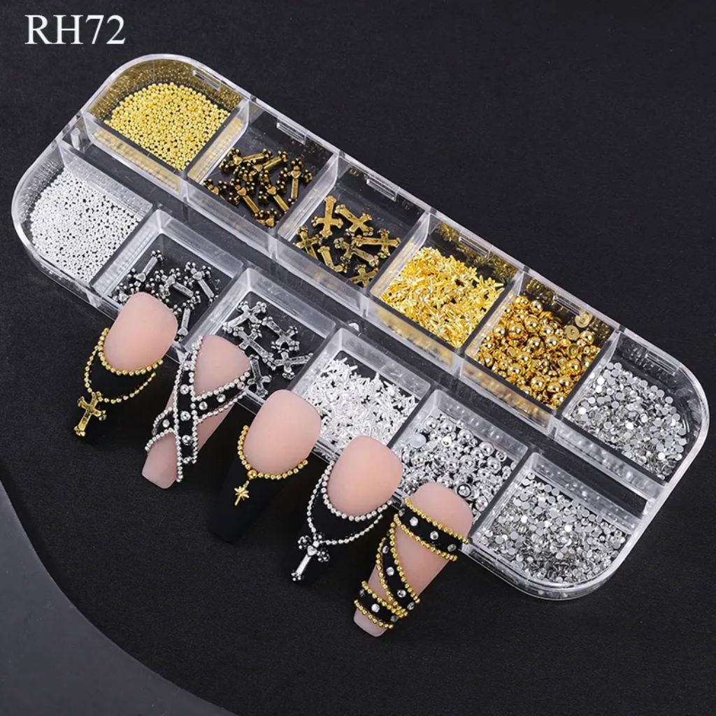 Gold & silver cross rivet nail art charms and metal beads in compartment tray (RH72) – 3D nail decorations for gel polish, acrylic and press-on nails