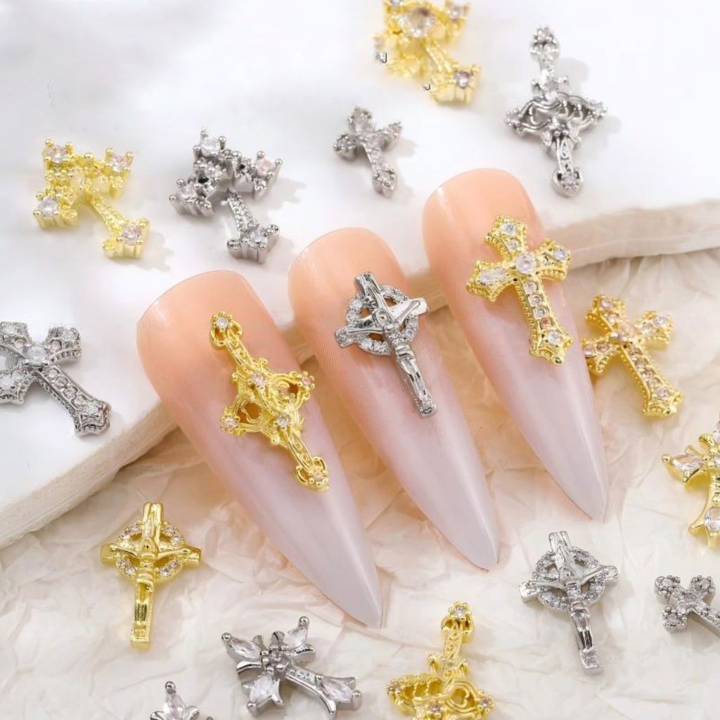 Cross rhinestone 3D nail charms – mixed gold & silver gothic crosses for acrylic, gel & press-on nails; religious manicure embellishments