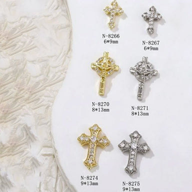 Gold and silver cross rhinestone nail charms — 3D nail art studs, sizes 6×9mm, 8×13mm, 9×13mm (N-8266, N-8267, N-8270, N-8271, N-8274, N-8275)