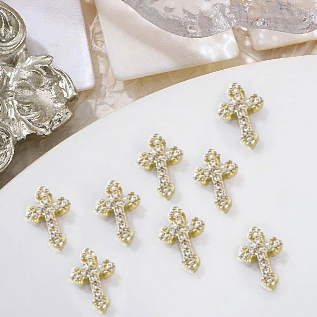 Gold cross rhinestone nail art charms — 3D manicure studs, set of 8 small decorations for DIY nails