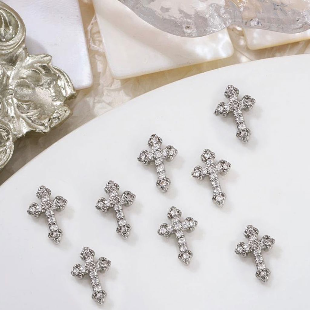 Silver cross rhinestone nail art charms — 3D studs N-8267, 6×9mm, set of 8 for DIY gel or acrylic nails