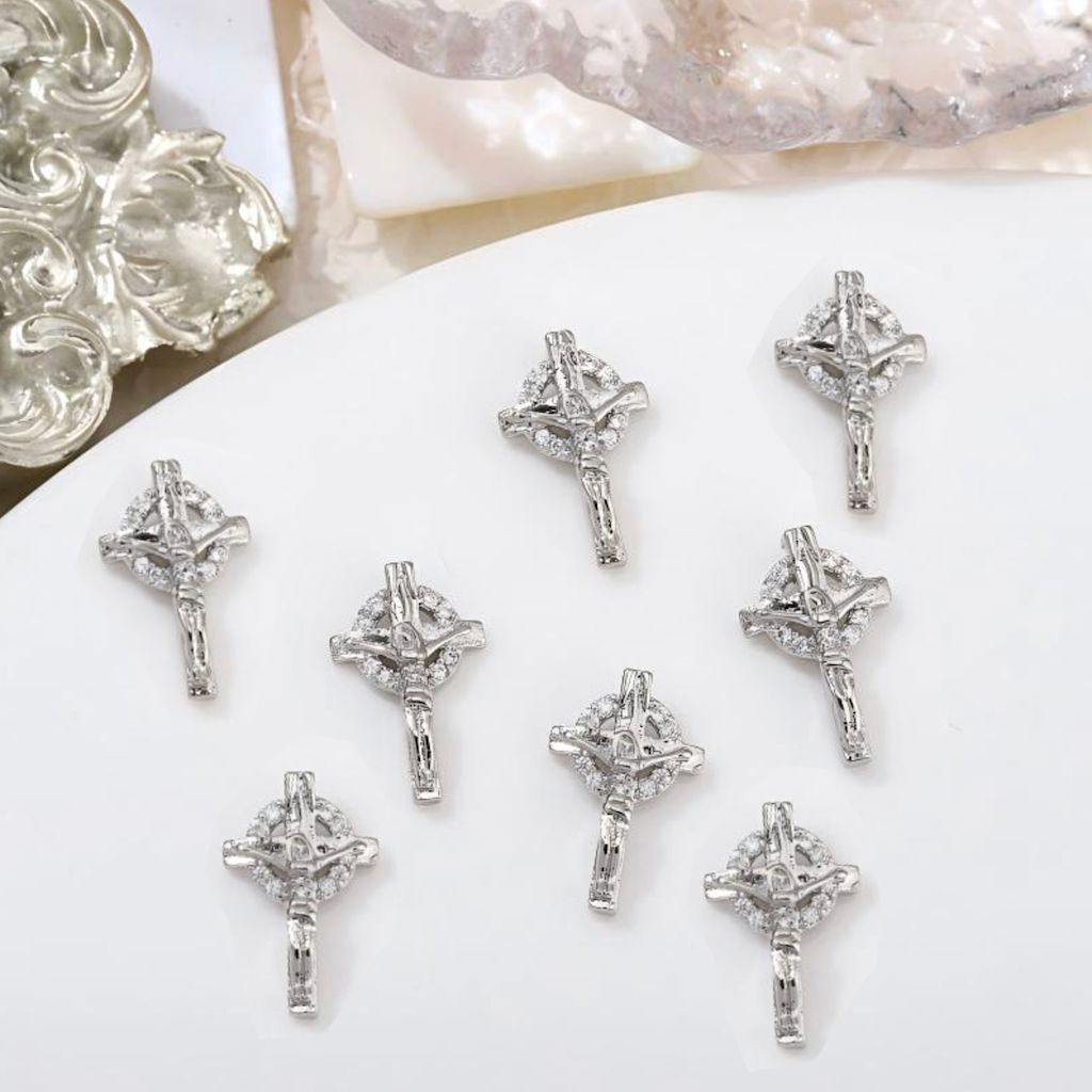 Silver crucifix rhinestone nail art charms — 3D studs N-8271, 8×13mm, set of 8 for DIY gel or acrylic nails