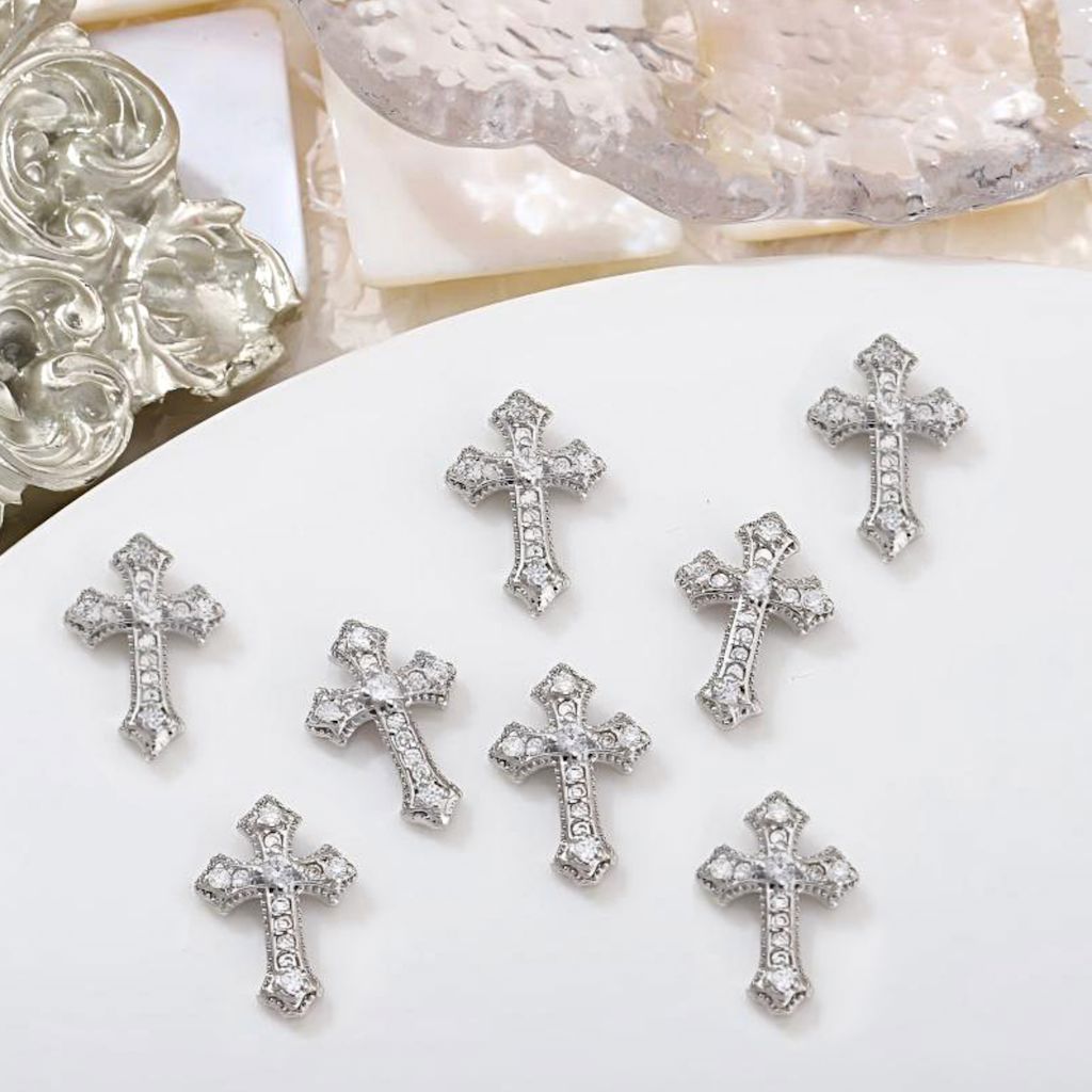 Silver rhinestone cross 3D nail charms (8pcs) – gothic nail art decorations for acrylic, gel & press-on manicures