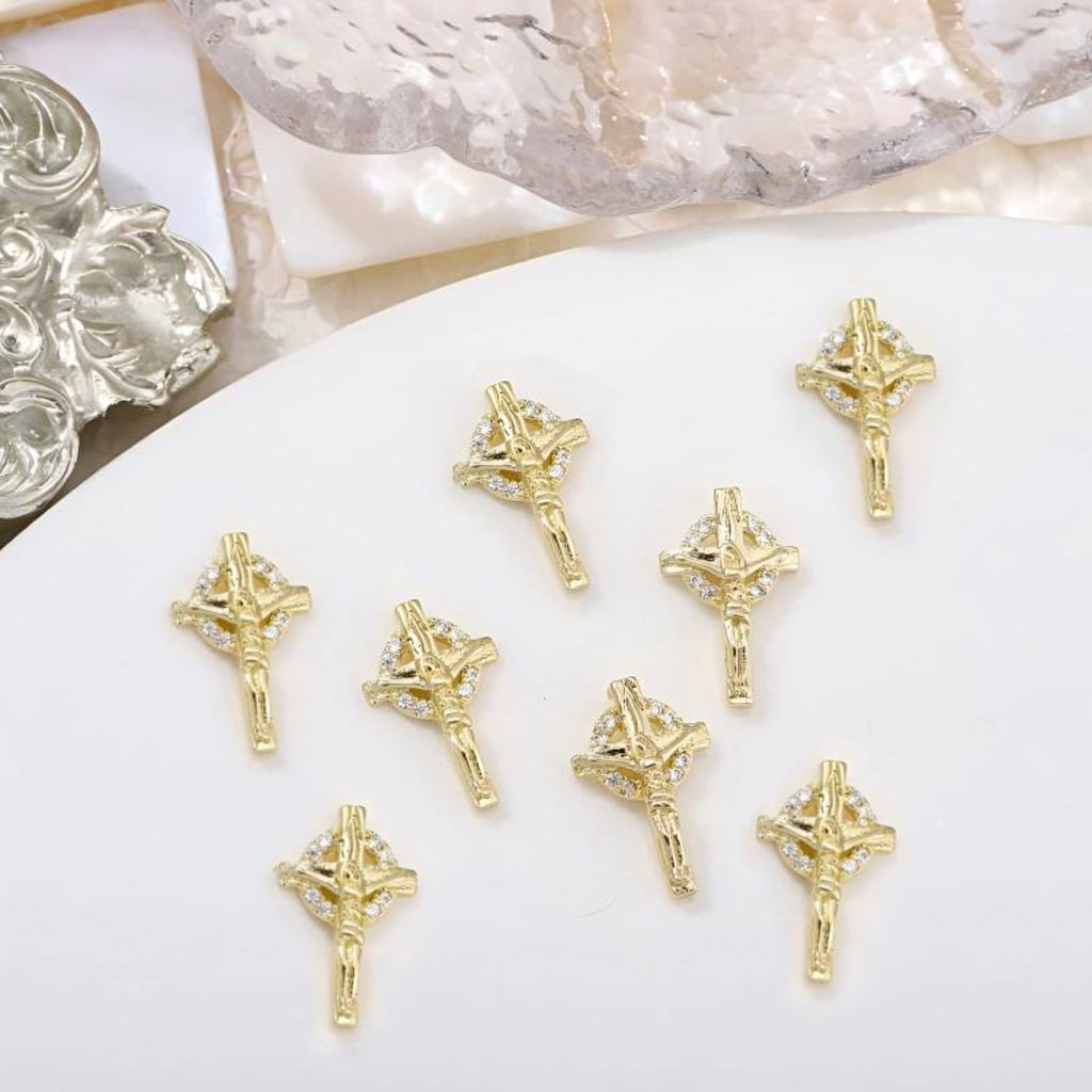 Gold crucifix rhinestone nail art charms — 3D studs N-8270, 8×13mm, set of 8 for DIY gel or acrylic nails