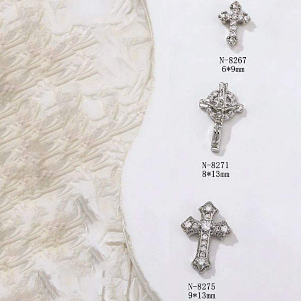 Silver cross rhinestone nail charms — 3D nail art studs, three designs with sizes 6×9mm, 8×13mm, 9×13mm (N-8267, N-8271, N-8275) for DIY manicures