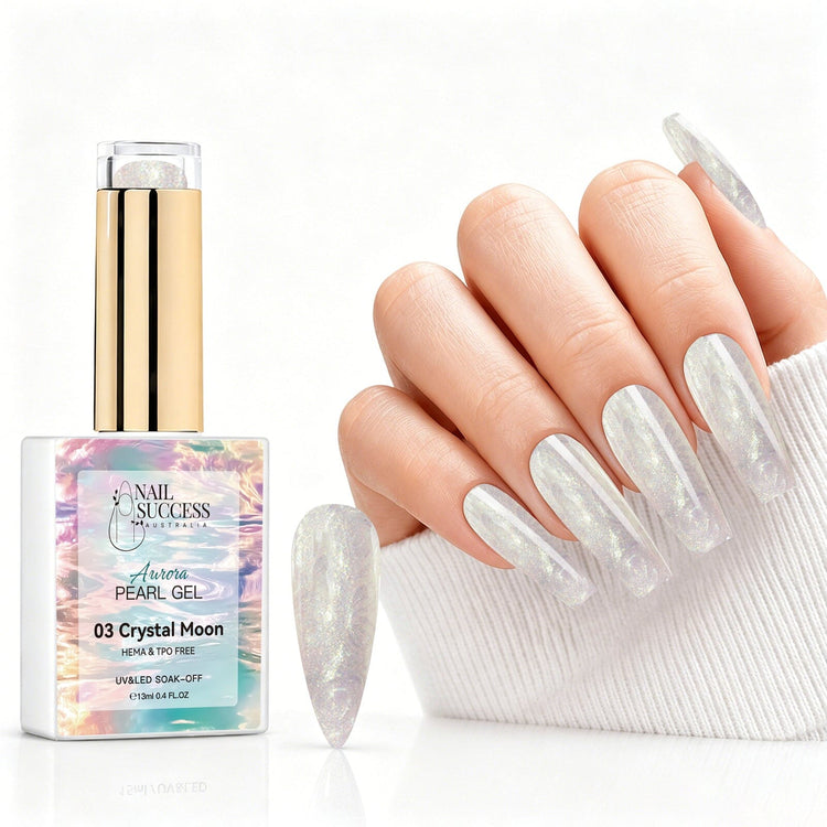 Crystal Moon aurora pearl gel polish with iridescent white pearl shimmer swatch and matching manicure for HEMA and TPO free salon nails