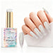 Crystal Moon aurora pearl gel polish with iridescent white pearl shimmer swatch and matching manicure for HEMA and TPO free salon nails