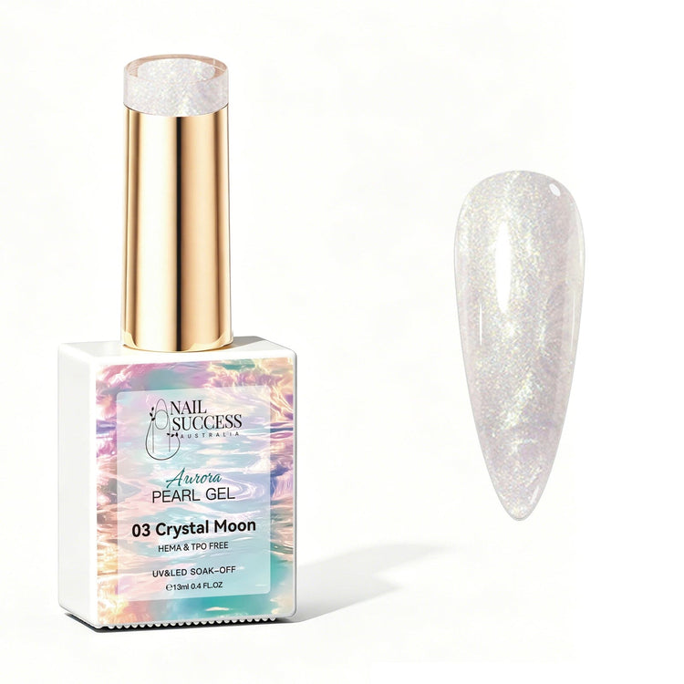 Crystal Moon Aurora Pearl Gel Polish with white crystal pearl shimmer swatch and glossy nail finish