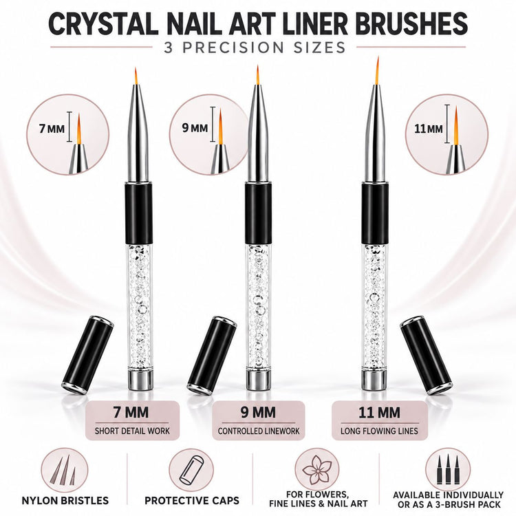 Three nail art liner brushes with 7, 9 and 11 mm nylon tips, crystal-filled handles and black protective caps.
