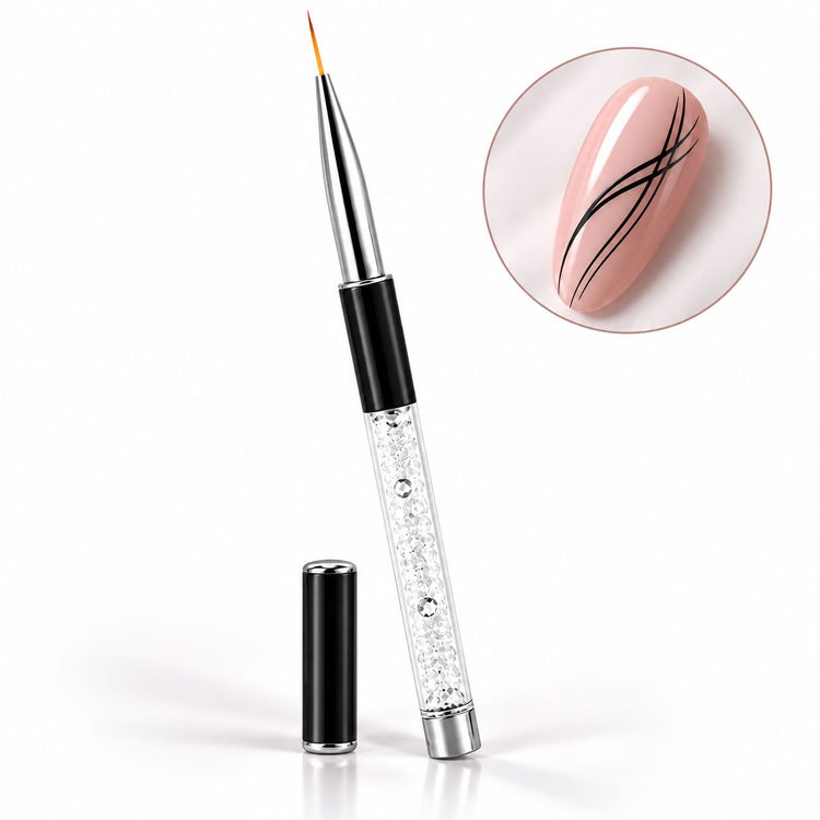 11 mm nail art liner brush with crystal-filled handle and black protective cap, shown beside a pink nail with fine black curved lines.
