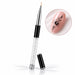 7 mm nail art liner brush with crystal-filled handle and black protective cap, shown beside a pink nail with a fine black floral design.
