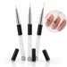 Three nail art liner brushes with 7, 9 and 11 mm tips, crystal-filled handles and black caps, shown with floral designs on pink nails.
