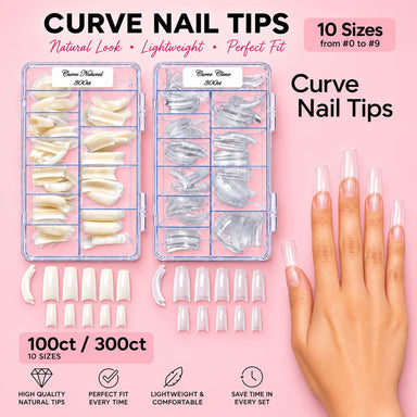 Curve nail tips in clear and natural, 10 sizes from 0 to 9, in 100ct and 300ct trays