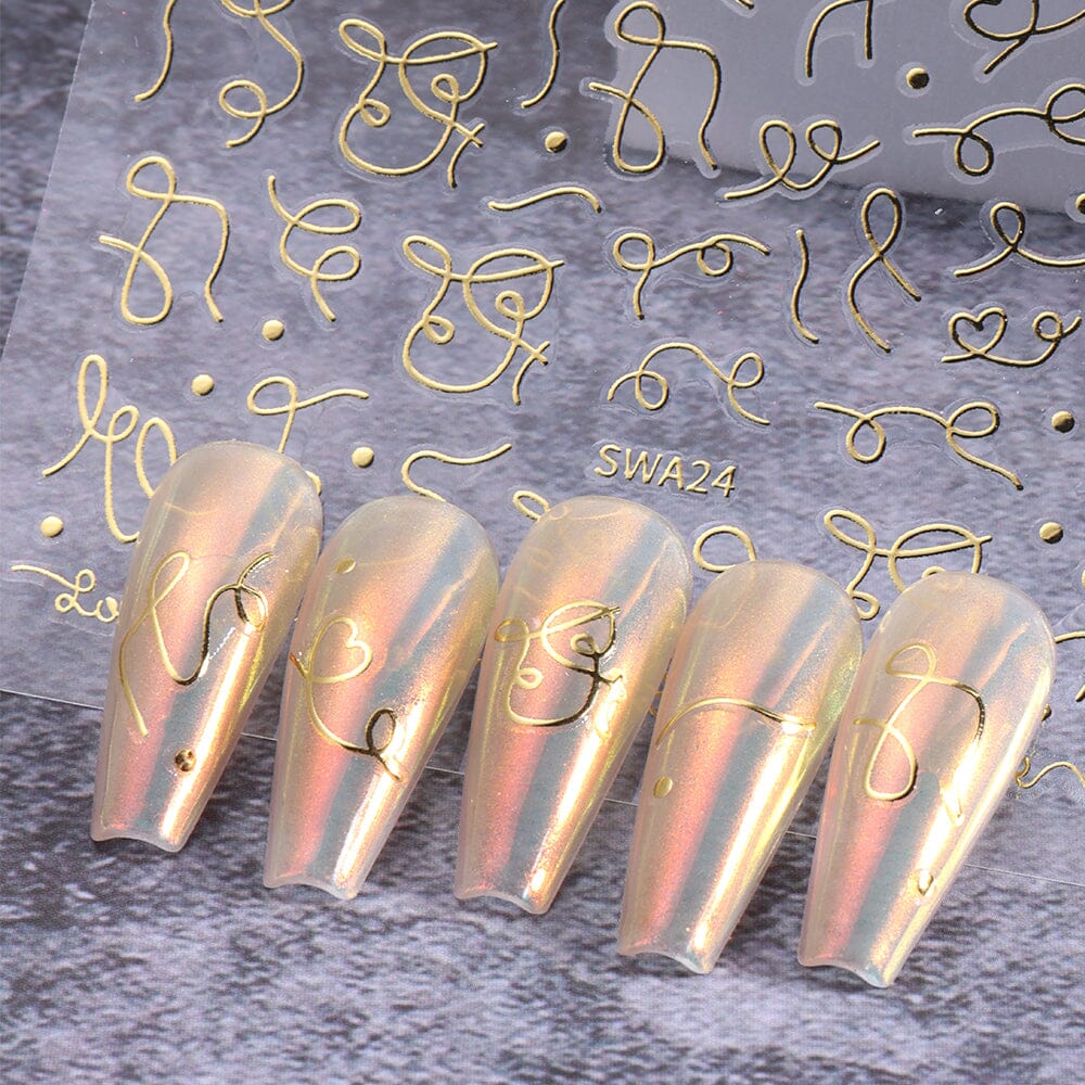 Gold curve-stripe line nail stickers sheet SW-A24 with abstract squiggles and dots; shown on iridescent chrome tips — NSI Australia