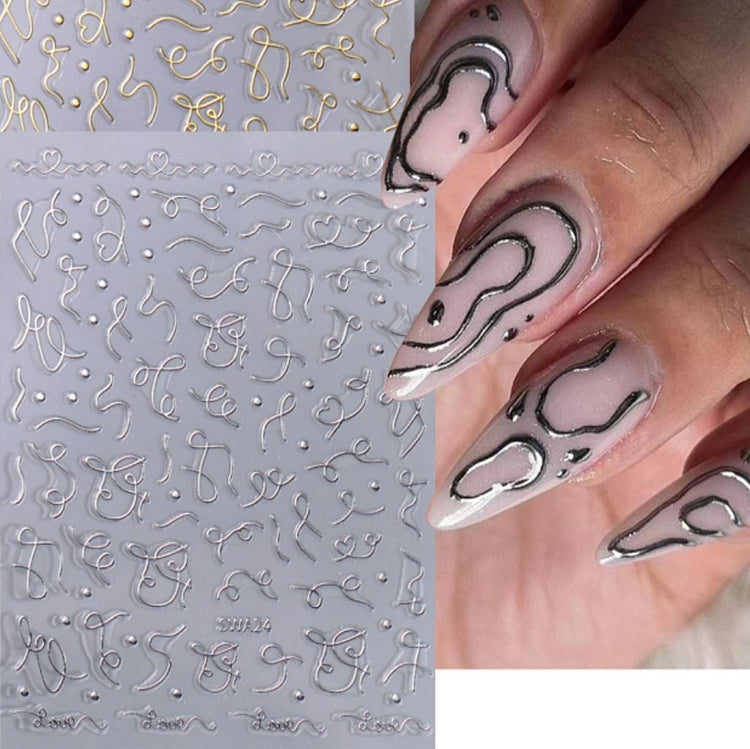Silver curve stripe lines nail stickers — abstract squiggle decals for chrome outline nail art, NSI Australia