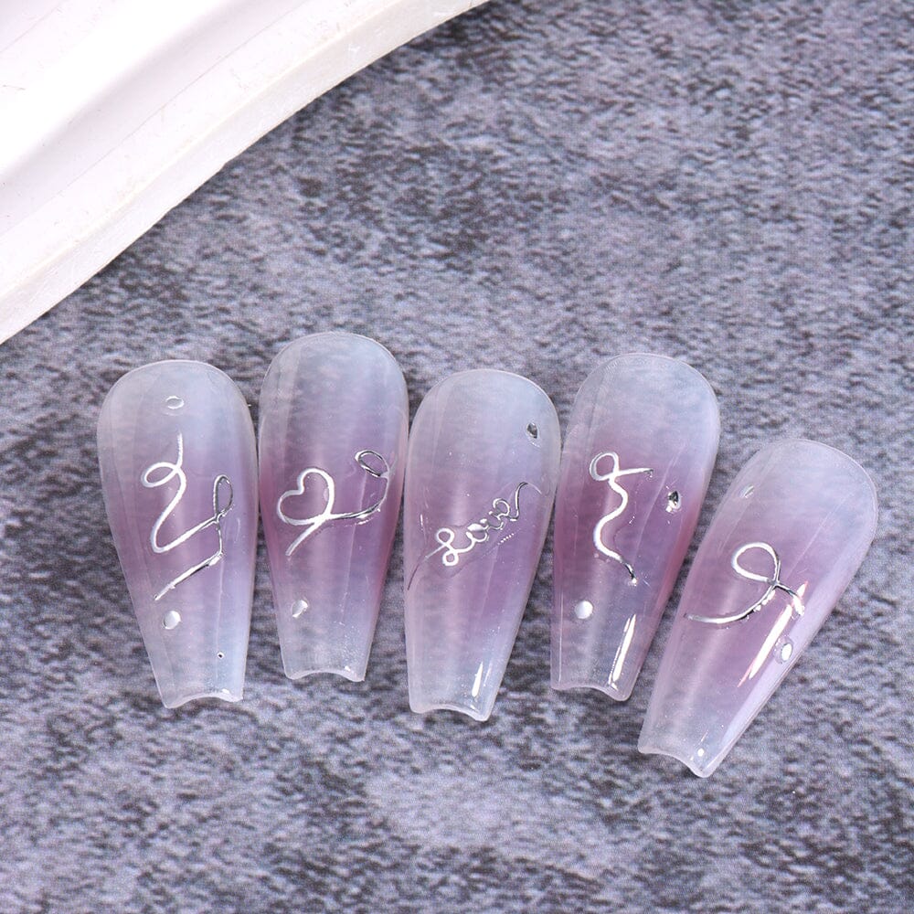 Silver curve stripe line nail stickers on lilac ombré coffin tips — abstract squiggles and “love” script, NSI Australia