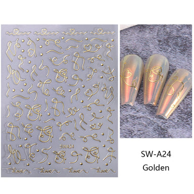Gold curve-stripe line nail stickers sheet SW-A24 with abstract squiggles and dots; demo on iridescent chrome tips — NSI Australia