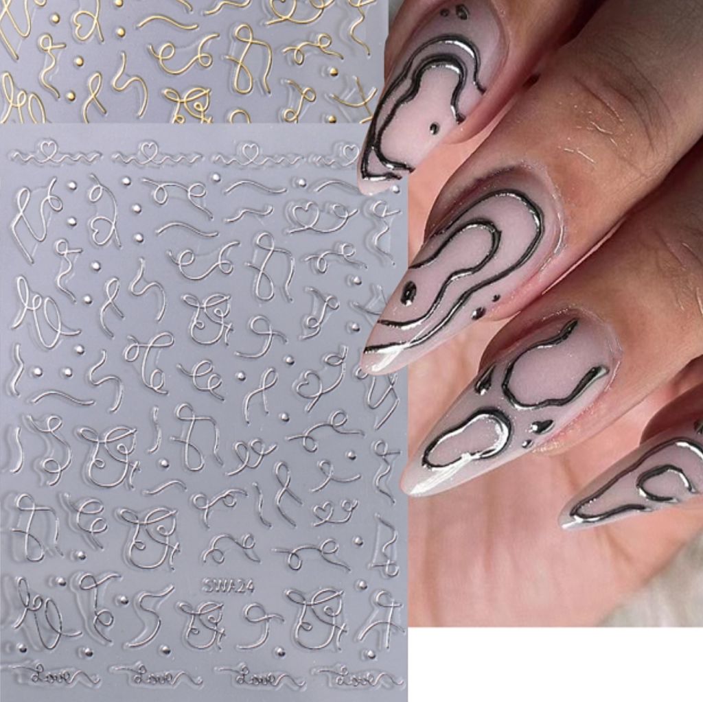 Gold and silver curve stripe line nail stickers — 3D raised squiggle decals for gel or acrylic nails, NSI Australia