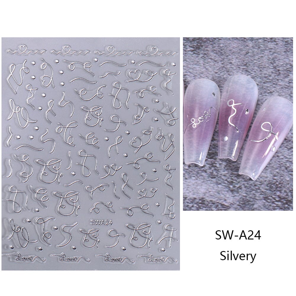 Silver curve-stripe line nail stickers sheet SW-A24 with abstract squiggles and dots; demo on lilac ombré tips — NSI Australia