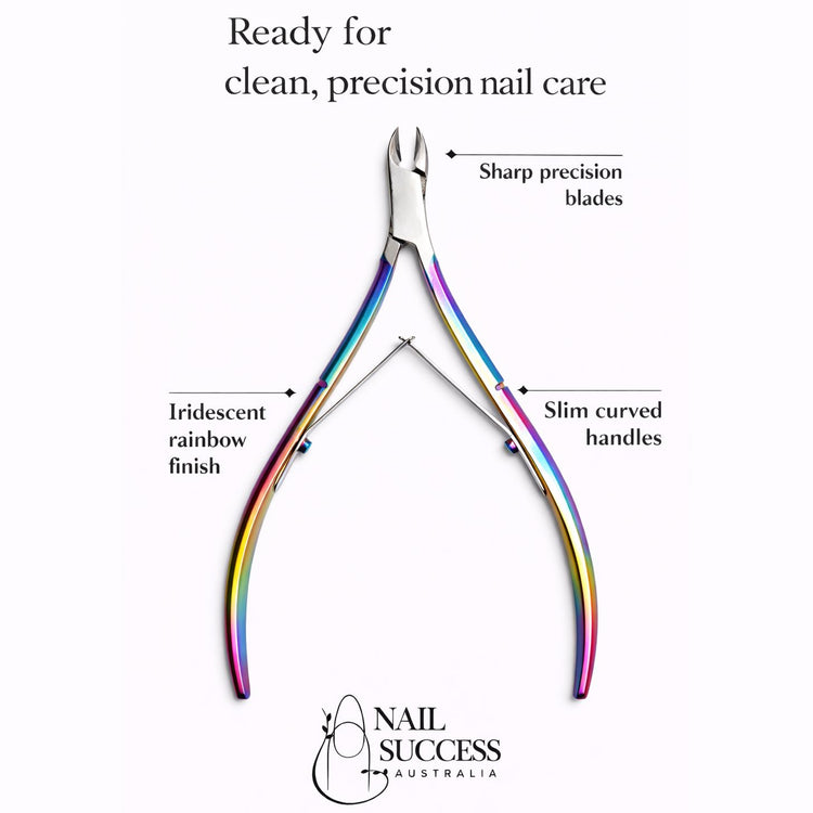 Nail Success Australia rainbow cuticle nipper infographic with sharp precision blades, slim curved handles and iridescent finish