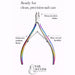 Nail Success Australia rainbow cuticle nipper infographic with sharp precision blades, slim curved handles and iridescent finish