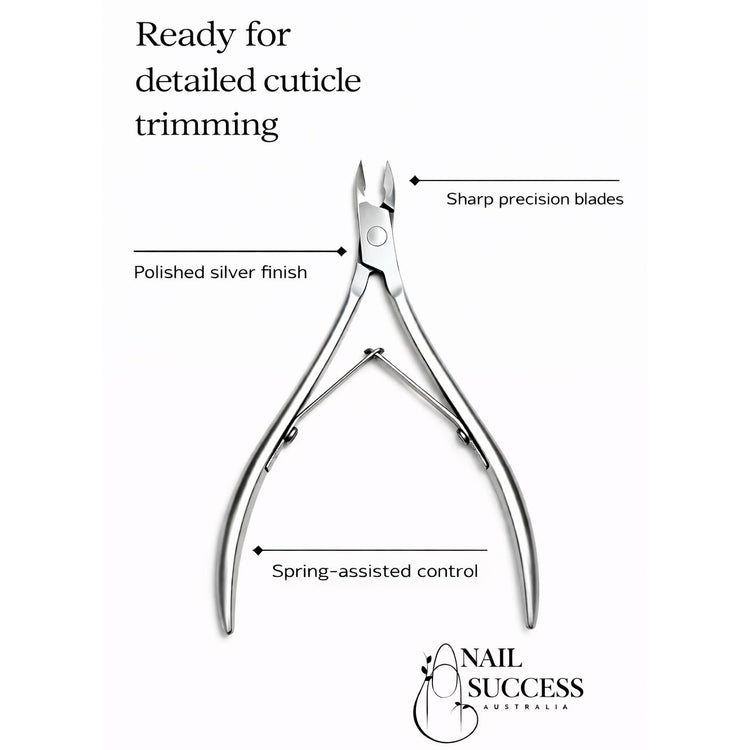 Stainless steel cuticle nipper infographic highlighting sharp precision blades, polished silver finish and spring-assisted control