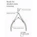 Stainless steel cuticle nipper infographic highlighting sharp precision blades, polished silver finish and spring-assisted control