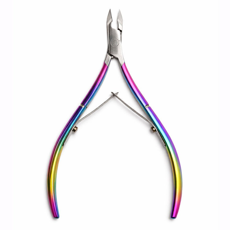 Rainbow stainless steel cuticle nipper with sharp precision blades and slim curved handles on white background