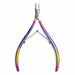 Rainbow stainless steel cuticle nipper with sharp precision blades and slim curved handles on white background