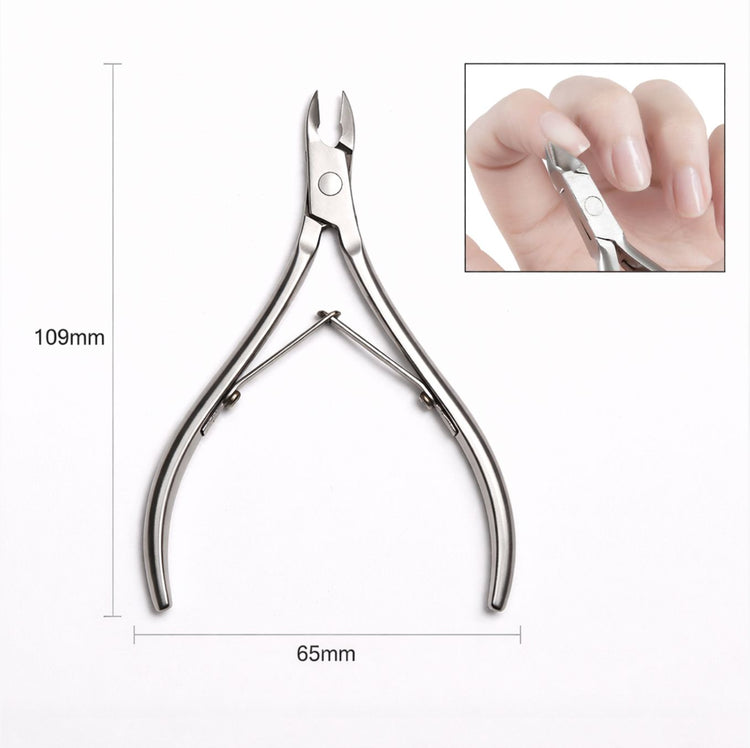Stainless steel cuticle nipper with 109mm height and 65mm width, shown with close-up of in-use cuticle trimming