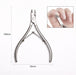 Stainless steel cuticle nipper with 109mm height and 65mm width, shown with close-up of in-use cuticle trimming