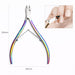 Rainbow stainless steel cuticle nipper, 100mm x 60mm, with iridescent finish and close-up trimming detail