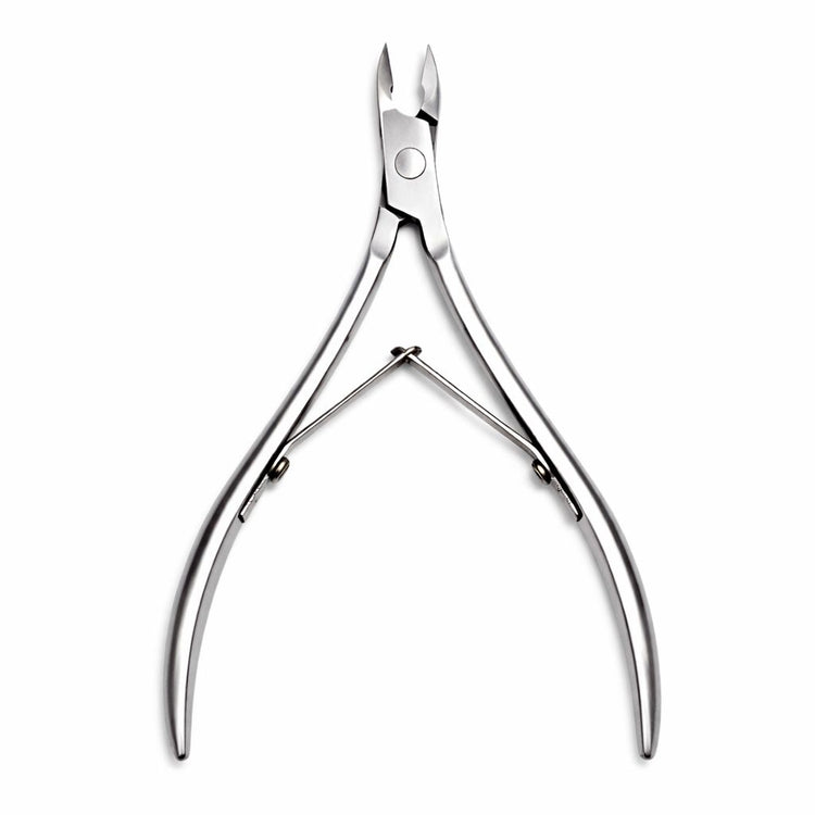 Stainless steel cuticle nipper with 109mm height and 65mm width, shown with close-up of in-use cuticle trimming