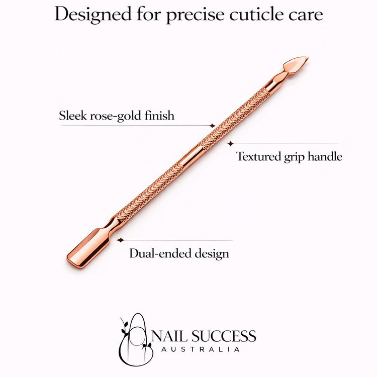 Rose gold cuticle pusher and scraper infographic highlighting dual-ended design, textured grip handle and sleek rose gold finish