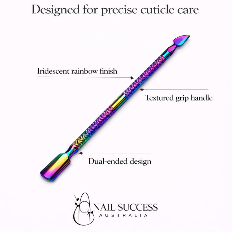 Rainbow cuticle pusher and scraper infographic highlighting dual-ended design, textured grip handle and iridescent rainbow finish