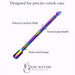 Rainbow cuticle pusher and scraper infographic highlighting dual-ended design, textured grip handle and iridescent rainbow finish