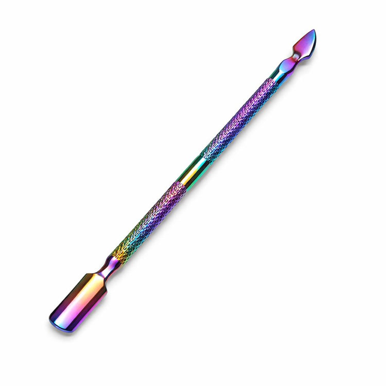 Rainbow and rose gold double-ended cuticle pushers and scrapers shown side by side on a plain background